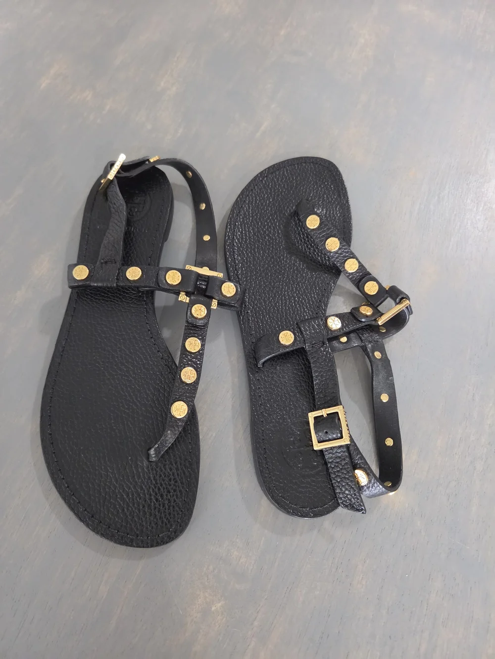 Tory BURCH Black Leather T-Strap Sandals with Gold Studs